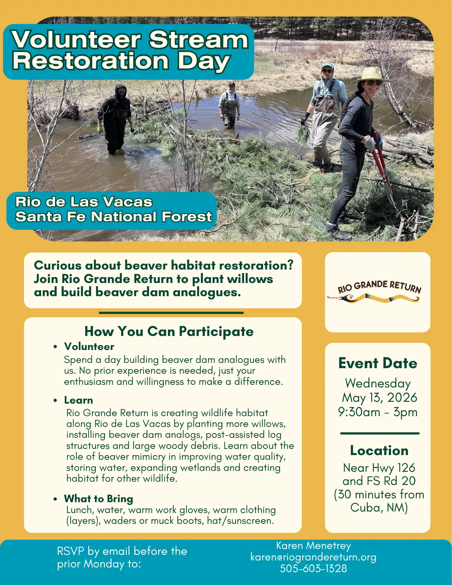Volunteer Stream Restoration Day on the Rio de Las Vacas, Santa Fe National Forest, Wednesday May 13, 2026 9:30 AM - 3 PM