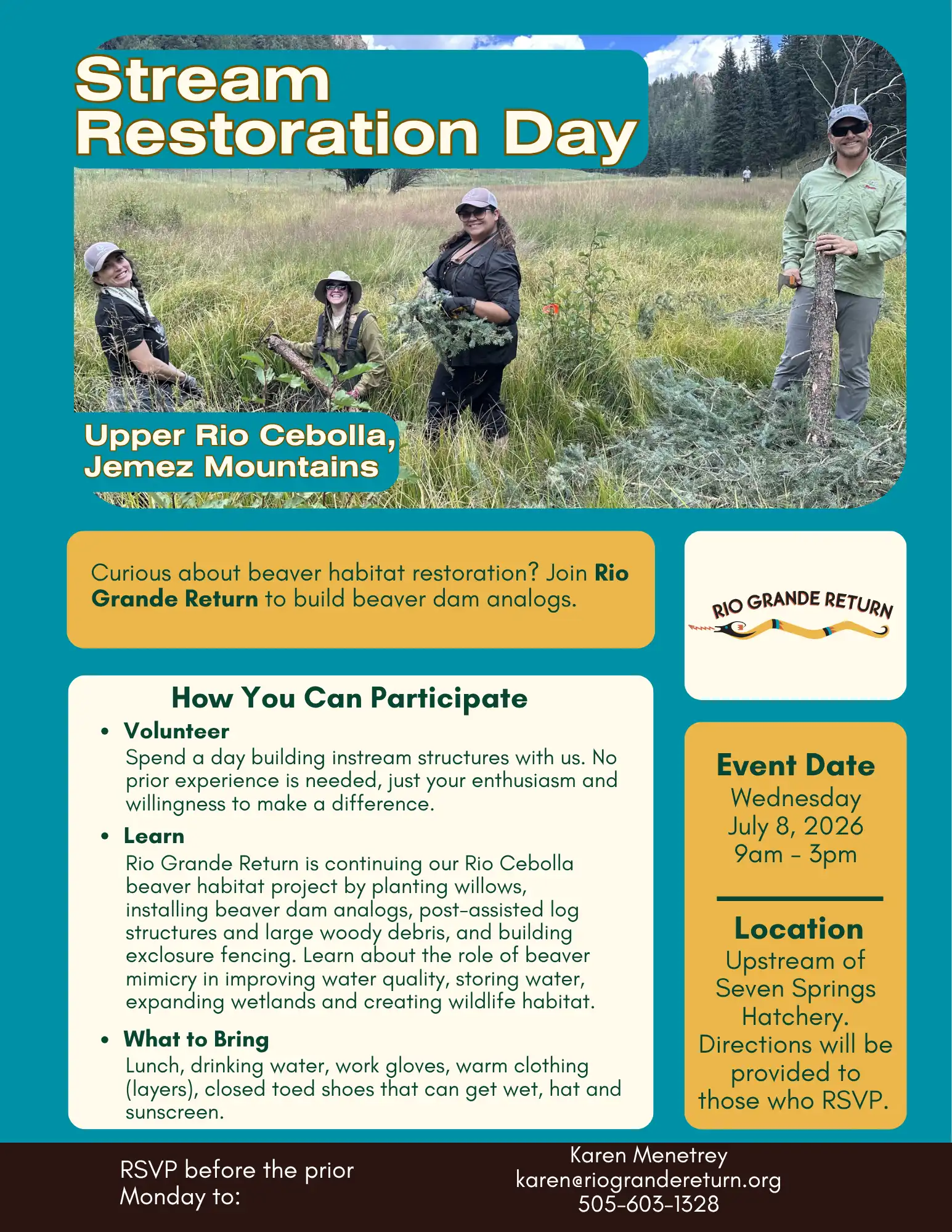 Volunteer Stream Restoration Day on the Upper Rio Cebolla, Jemez Mountains, Wednesday July 8, 2026 9:00 AM - 3:00 PM