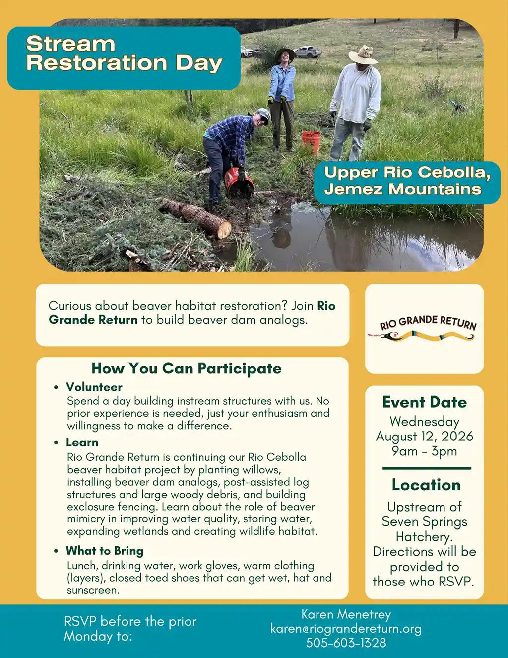 Volunteer Stream Restoration Day on the Upper Rio Cebolla, Jemez Mountains, Wednesday August 12, 2026 9:00 AM - 3:00 PM